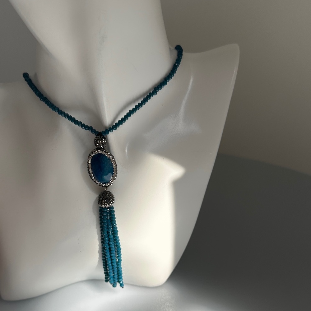 Teal Beaded Pendant Tassel Necklace - Women Jewelry